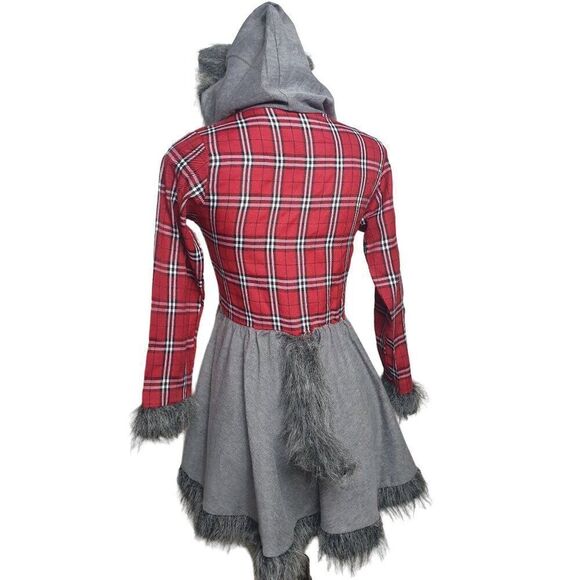 Girls Werewolf Costume Dress Hooded Red Plaid & Grey With Faux Fur Trim Tail Lg - Picture 4 of 9
